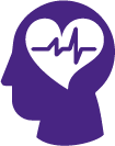 Pictogramme violet représentant un visage de profil avec un cœur contenant une ligne de battement cardiaque dans la partie supérieure de la tête.